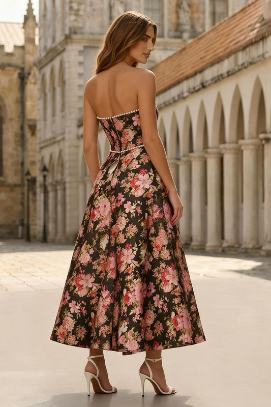 Floral Black and Pink A Line Sweetheart Long Prom Dress with Pearls