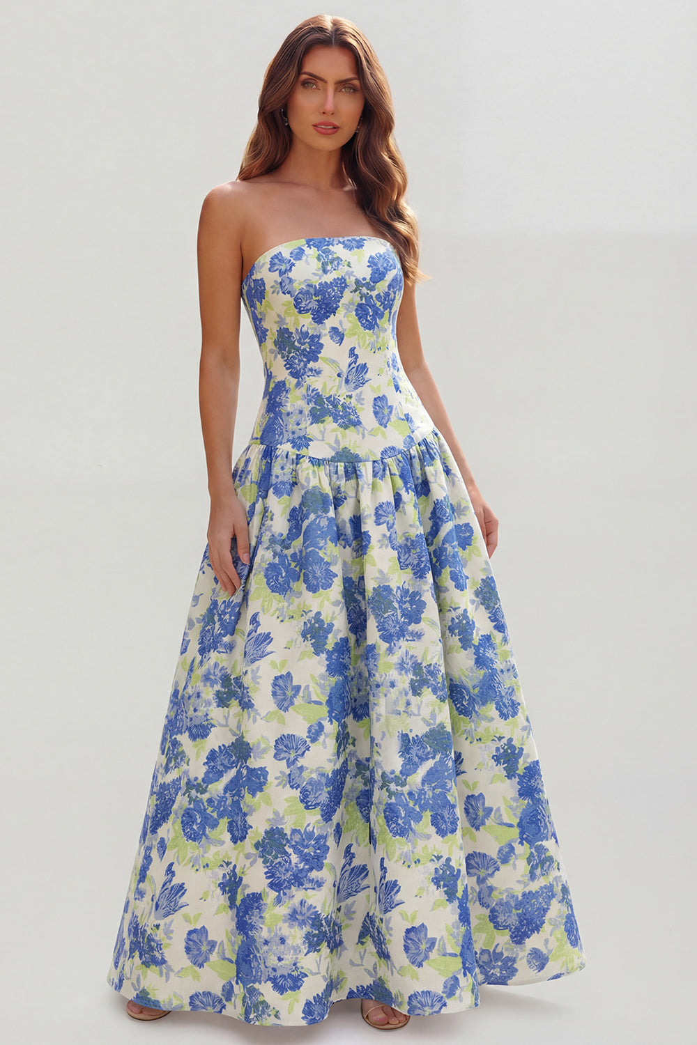 Floral Blue and White Strapless A Line Long Prom Dress