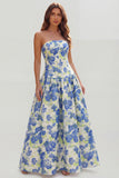 Floral Blue and White Strapless A Line Long Prom Dress