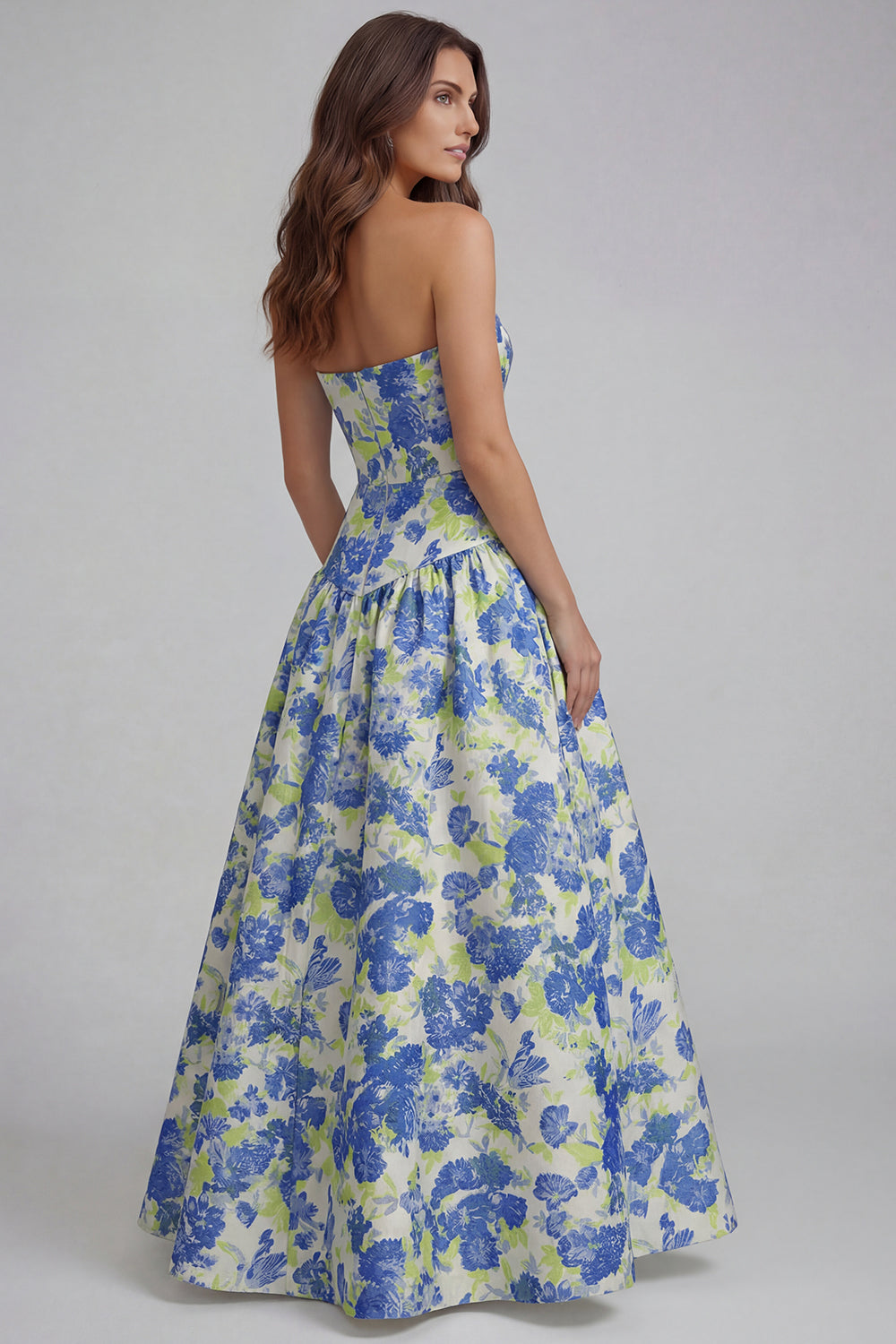 Floral Blue and White Strapless A Line Long Prom Dress