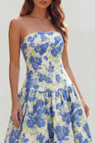 Floral Blue and White Strapless A Line Long Prom Dress
