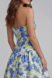 Floral Blue and White Strapless A Line Long Prom Dress