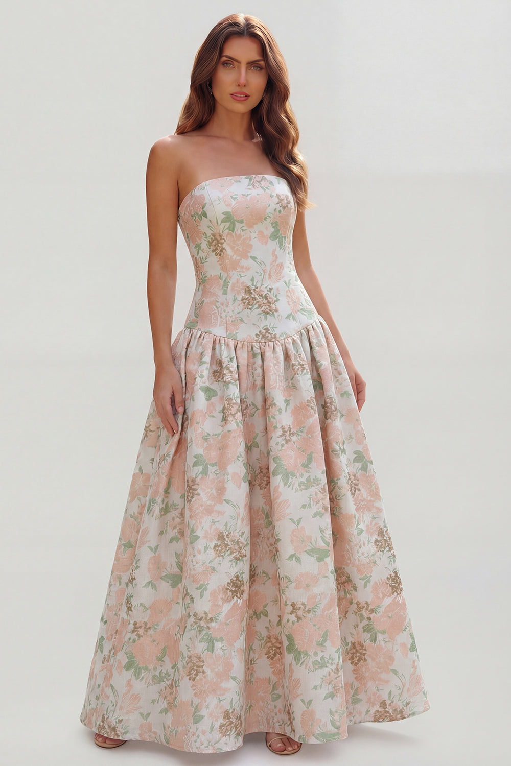 Floral Blue and White Strapless A Line Long Prom Dress