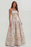 Floral Blue and White Strapless A Line Long Prom Dress