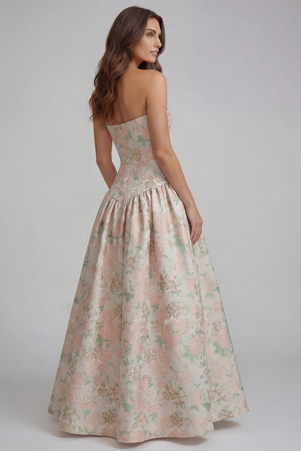 Floral Blue and White Strapless A Line Long Prom Dress