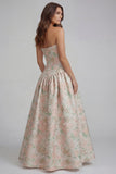 Floral Blue and White Strapless A Line Long Prom Dress