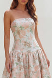 Floral Blue and White Strapless A Line Long Prom Dress
