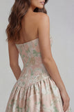 Floral Blue and White Strapless A Line Long Prom Dress