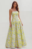 Floral Blue and White Strapless A Line Long Prom Dress