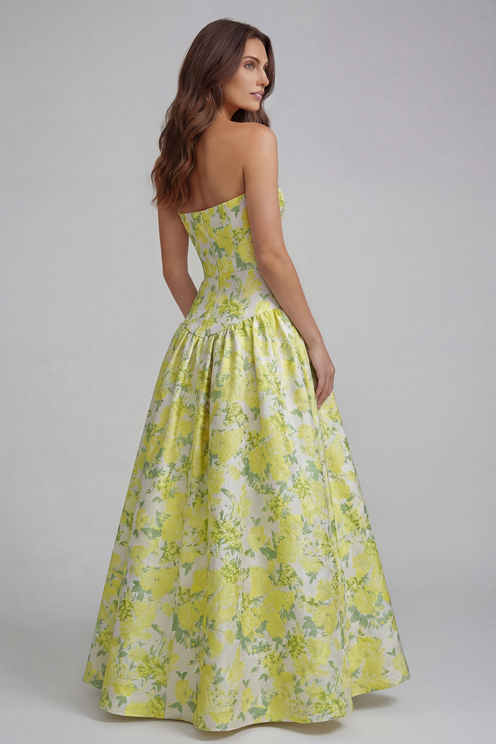 Floral Blue and White Strapless A Line Long Prom Dress