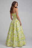 Floral Blue and White Strapless A Line Long Prom Dress