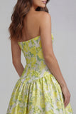 Floral Blue and White Strapless A Line Long Prom Dress