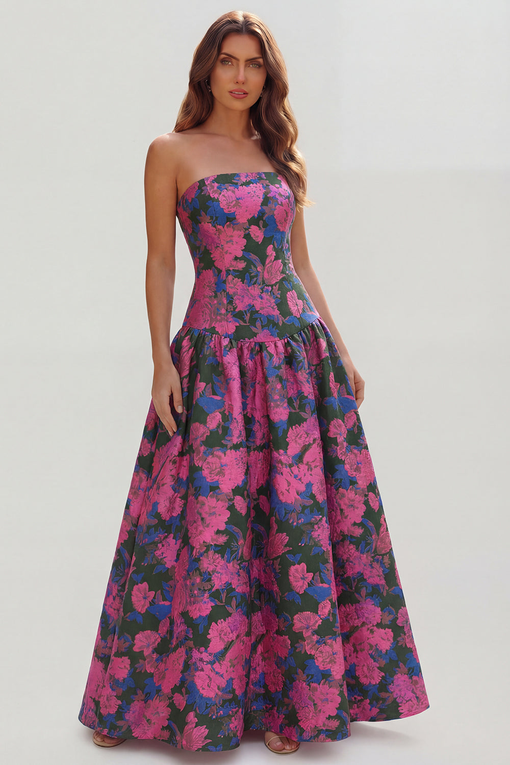 Floral Blue and White Strapless A Line Long Prom Dress
