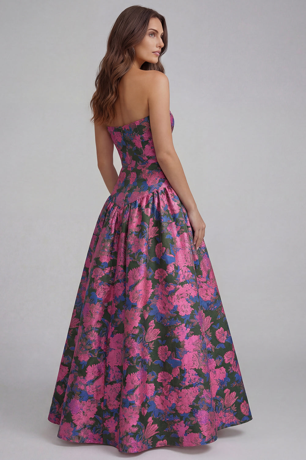 Floral Blue and White Strapless A Line Long Prom Dress