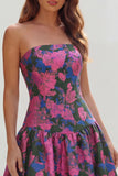 Floral Blue and White Strapless A Line Long Prom Dress