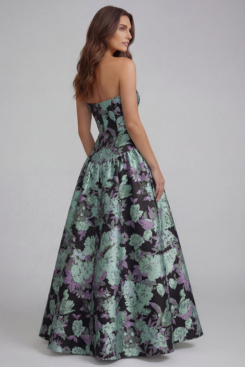 Floral Blue and White Strapless A Line Long Prom Dress