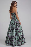 Floral Blue and White Strapless A Line Long Prom Dress