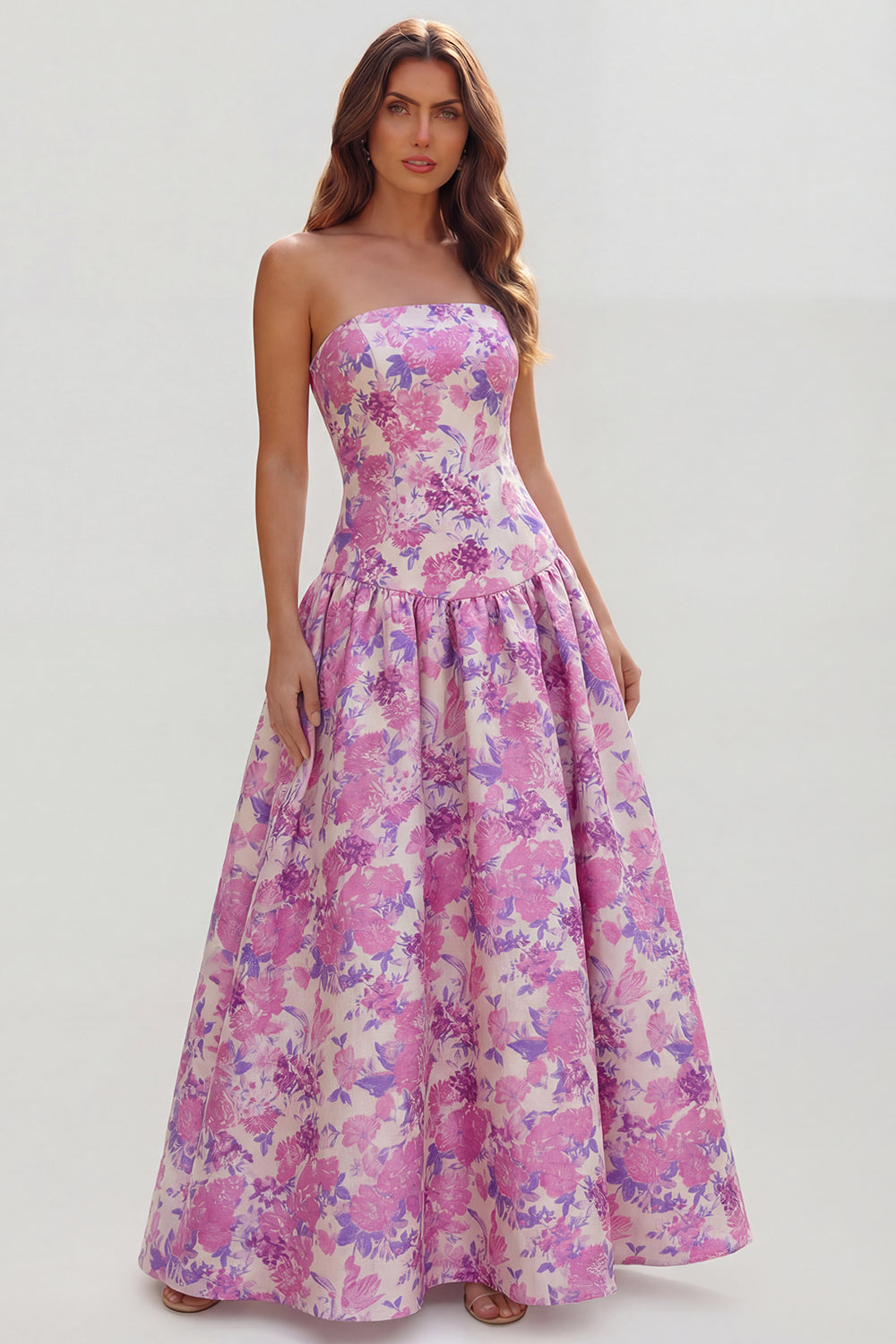Floral Blue and White Strapless A Line Long Prom Dress