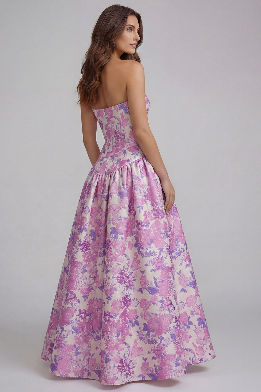 Floral Blue and White Strapless A Line Long Prom Dress