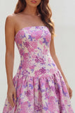 Floral Blue and White Strapless A Line Long Prom Dress