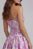 Floral Blue and White Strapless A Line Long Prom Dress