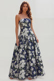 Floral Blue and White Strapless A Line Long Prom Dress