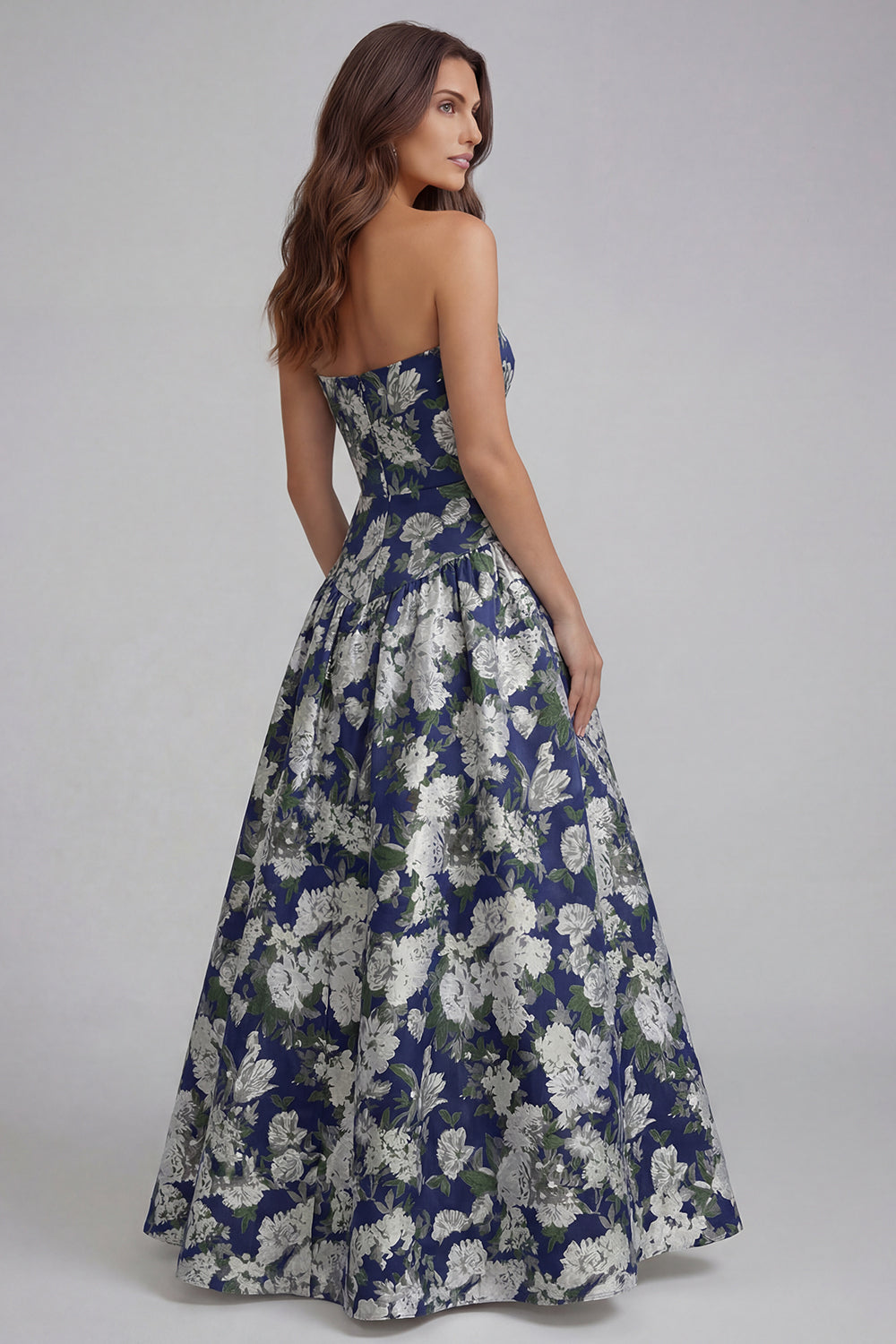 Floral Blue and White Strapless A Line Long Prom Dress