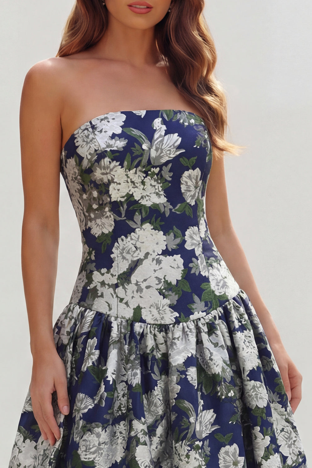 Floral Blue and White Strapless A Line Long Prom Dress