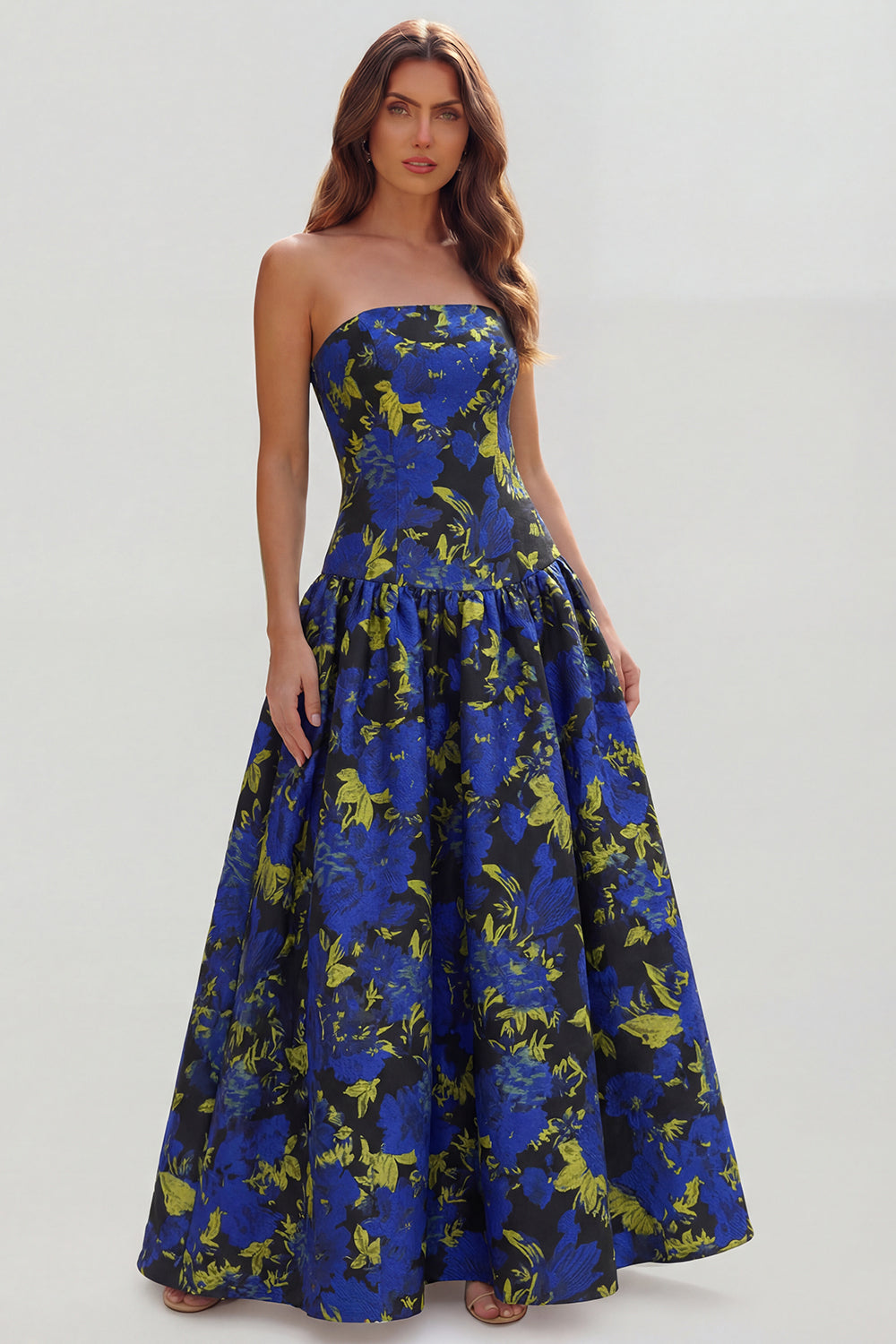 Floral Blue and White Strapless A Line Long Prom Dress