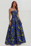 Floral Blue and White Strapless A Line Long Prom Dress