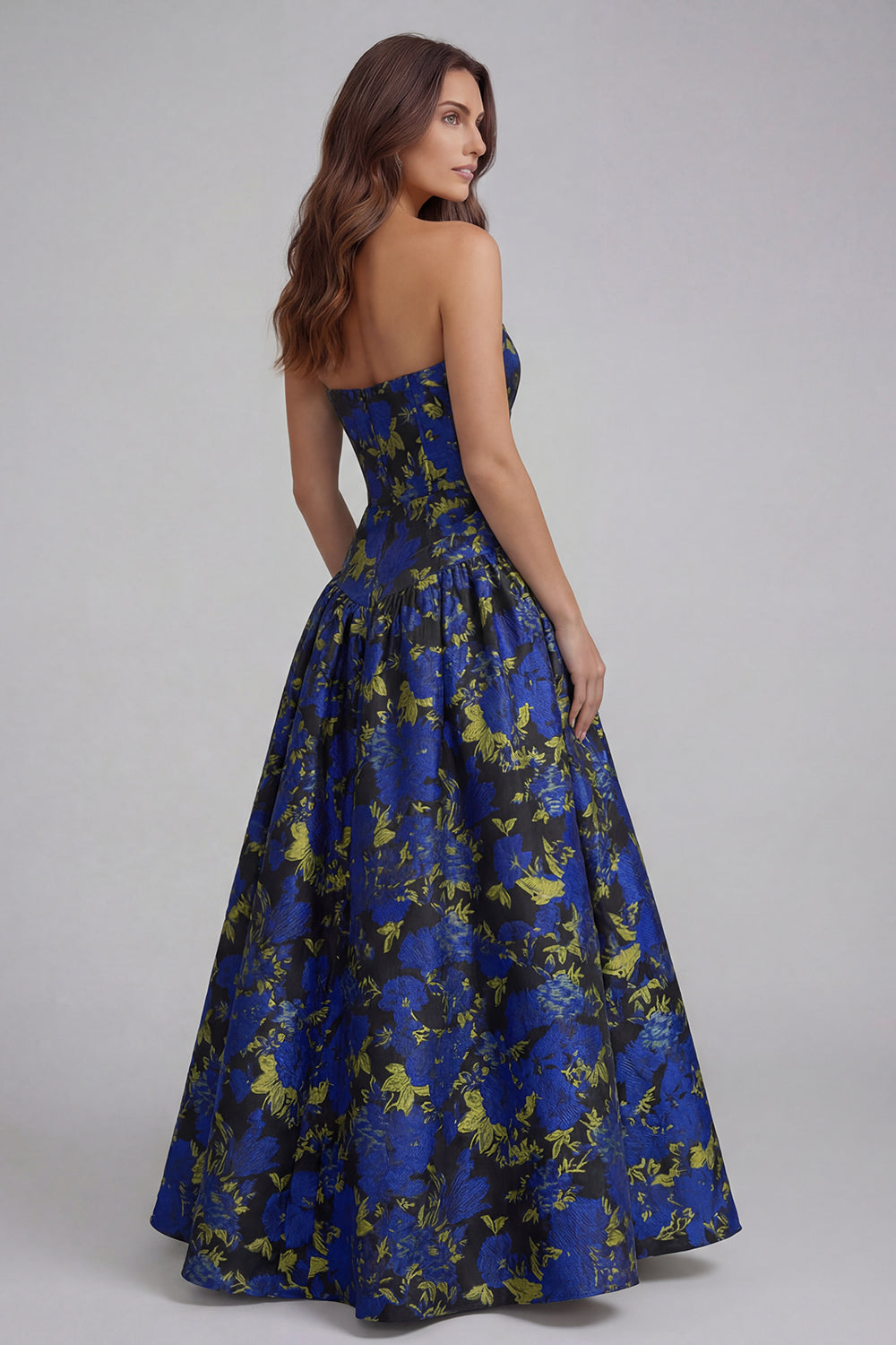 Floral Blue and White Strapless A Line Long Prom Dress