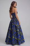 Floral Blue and White Strapless A Line Long Prom Dress