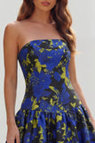 Floral Blue and White Strapless A Line Long Prom Dress