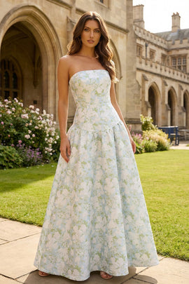 Floral Blue and White Strapless A Line Long Prom Dress