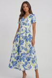 Blue and White Floral V-Neck A Line Long Prom Dress with Sleeves
