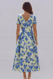 Blue and White Floral V-Neck A Line Long Prom Dress with Sleeves