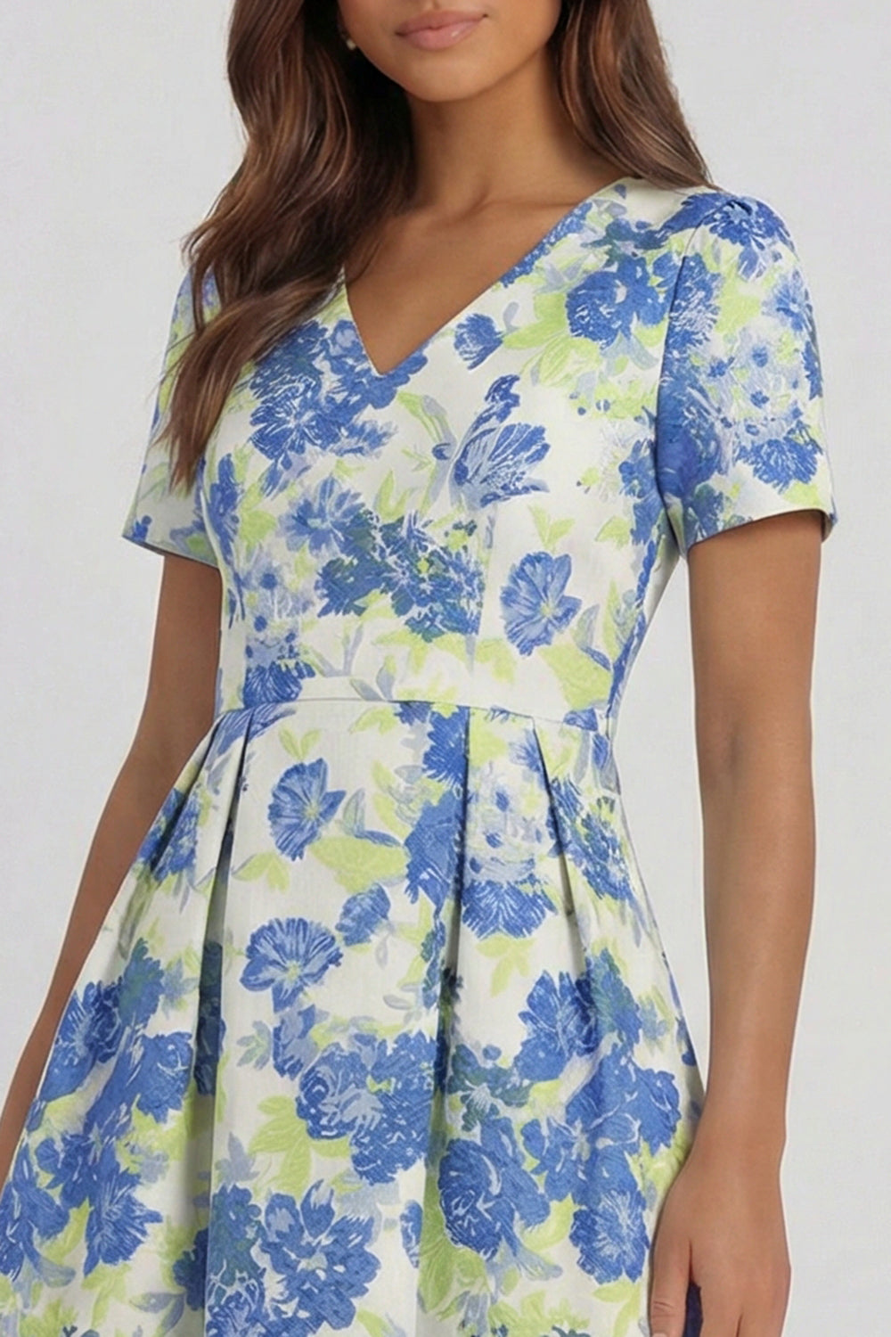 Blue and White Floral V-Neck A Line Long Prom Dress with Sleeves