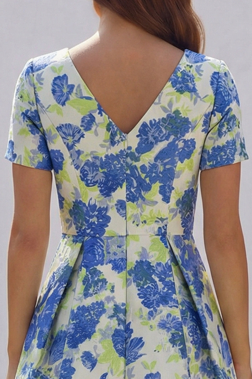Blue and White Floral V-Neck A Line Long Prom Dress with Sleeves