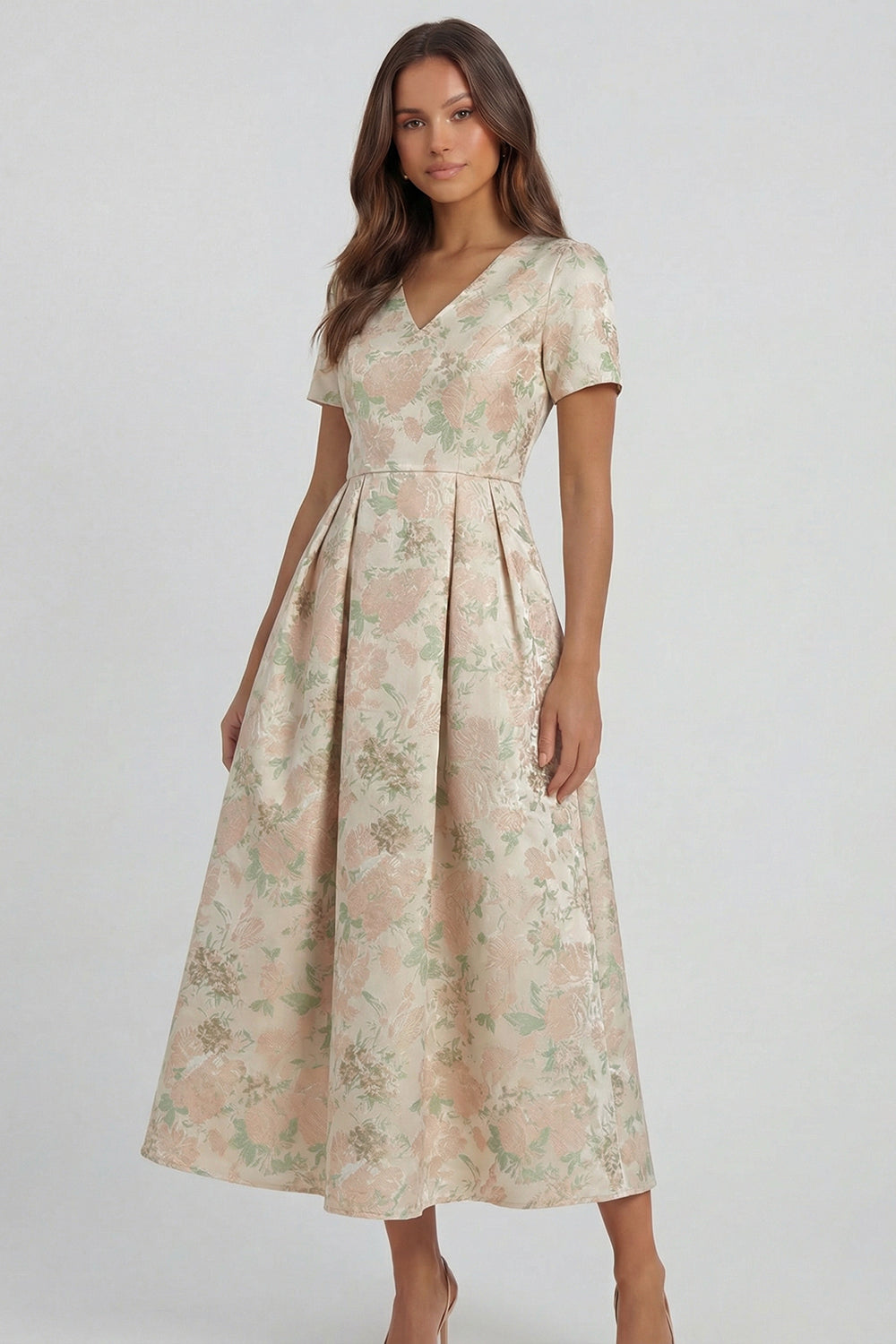 Blue and White Floral V-Neck A Line Long Prom Dress with Sleeves