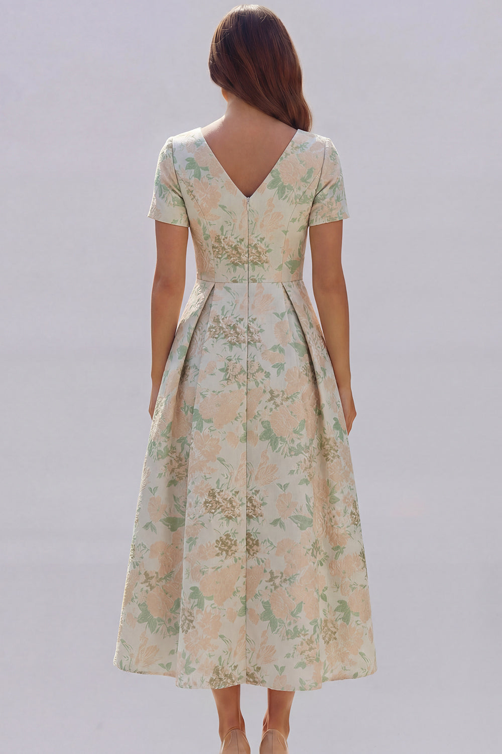 Blue and White Floral V-Neck A Line Long Prom Dress with Sleeves