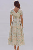 Blue and White Floral V-Neck A Line Long Prom Dress with Sleeves