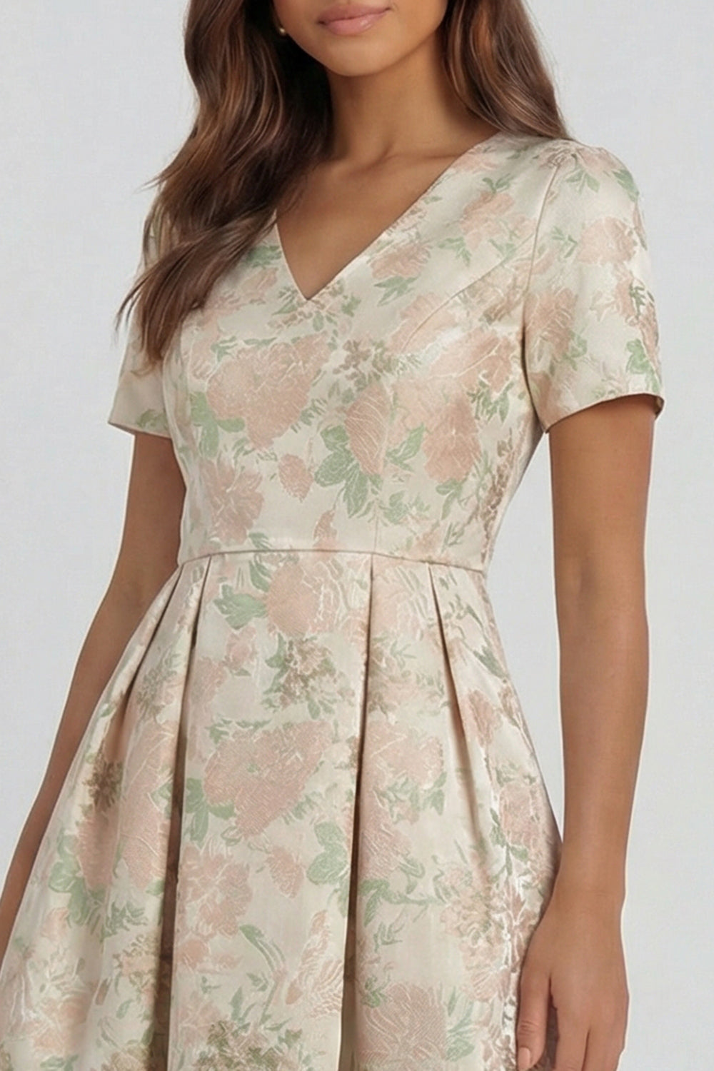 Blue and White Floral V-Neck A Line Long Prom Dress with Sleeves