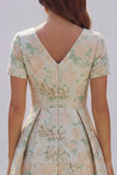 Blue and White Floral V-Neck A Line Long Prom Dress with Sleeves