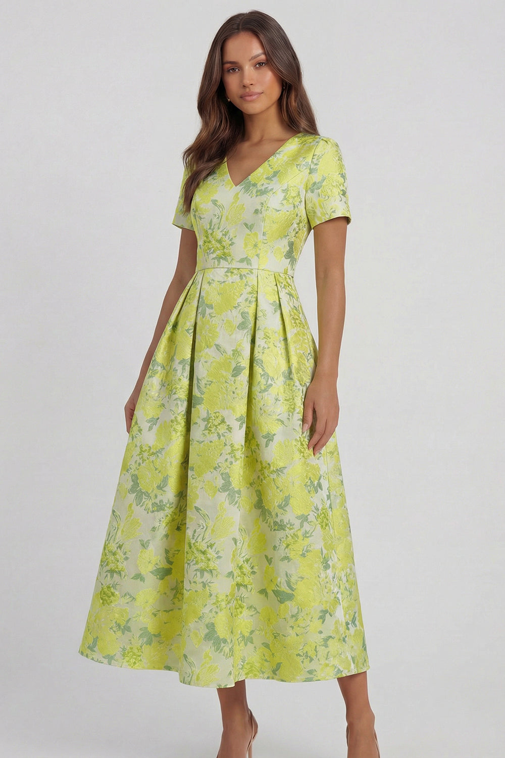Blue and White Floral V-Neck A Line Long Prom Dress with Sleeves