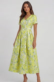 Blue and White Floral V-Neck A Line Long Prom Dress with Sleeves