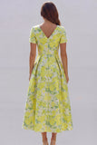 Blue and White Floral V-Neck A Line Long Prom Dress with Sleeves