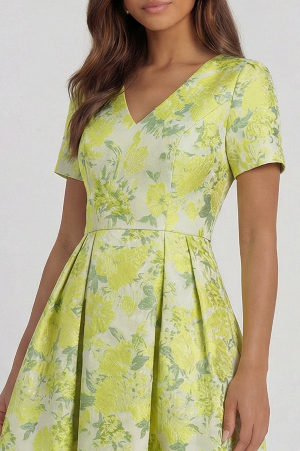 Blue and White Floral V-Neck A Line Long Prom Dress with Sleeves