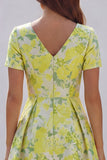 Blue and White Floral V-Neck A Line Long Prom Dress with Sleeves