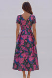Blue and White Floral V-Neck A Line Long Prom Dress with Sleeves