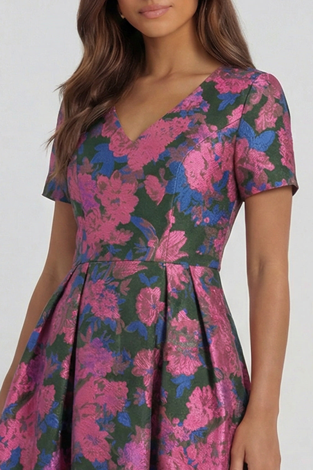 Blue and White Floral V-Neck A Line Long Prom Dress with Sleeves